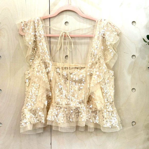 ANTHROPOLOGIE Sequin Ruffled Tank Size M Buttery Cream Party Blouse MSRP $98 - Picture 4 of 10